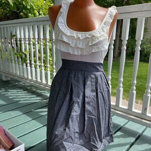 White Ruffle Dress with Gray Skirt Detail - Women’s Medium